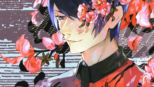 Обои картинки фото аниме, tokyo ghoul, токийский, гуль, парень, цветы