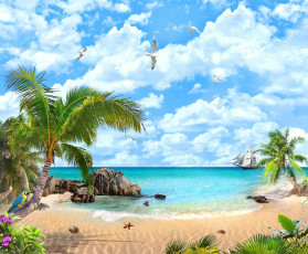 Картинка природа тропики песок пляж парусник корабль море