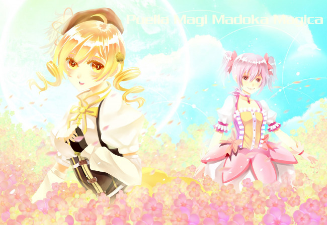 Обои картинки фото аниме, mahou shoujo madoka magika, взгляд, девушки, фон