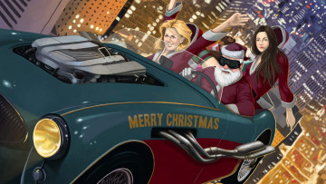 Картинка праздничные рисованные автомобиль девушки мужчина фон