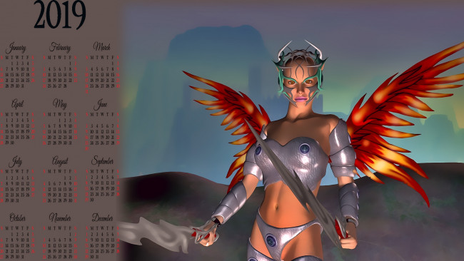 Обои картинки фото календари, 3д-графика, оружие, крылья, девушка, воительница