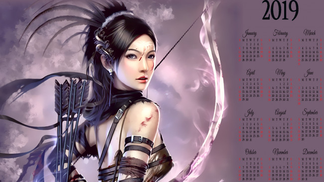 Обои картинки фото календари, фэнтези, оружие, девушка, лук, стрела