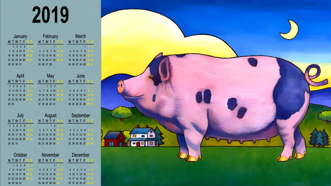 Обои картинки фото календари, рисованные,  векторная графика, свинья, здание