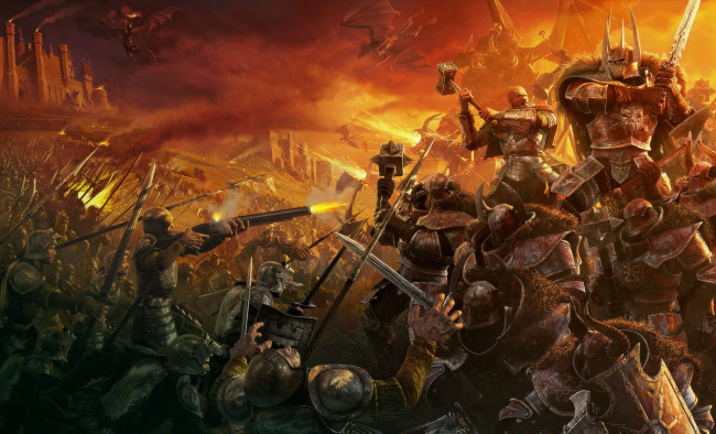 Обои картинки фото видео игры, warhammer,  mark of chaos, битва, замок, драконы