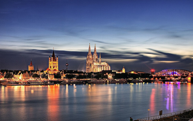 Обои картинки фото города, кельн , германия, мост, вечер, огни, река