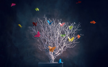 Картинка 3д+графика атмосфера настроение+ atmosphere+ +mood+ дерево бабочки