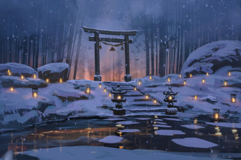 Картинка аниме зима +новый+год +рождество ночь