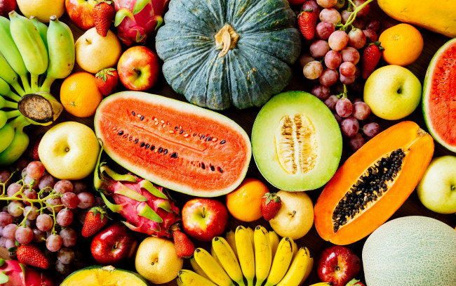 Обои картинки фото еда, фрукты,  ягоды, арбуз, папайя, банан, виноград, дыня