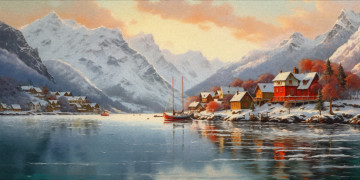 Картинка рисованное живопись пейзаж горы дома город арт