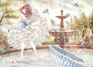 Картинка аниме *unknown другое зонтик длинные волосы девушка фонтан шляпа птицы