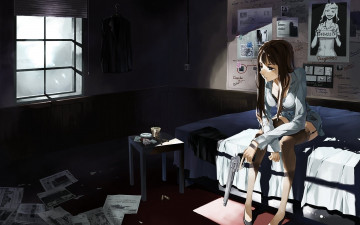 Картинка аниме weapon blood technology табуретка газеты револьвер кровать девушка комната окно сигареты