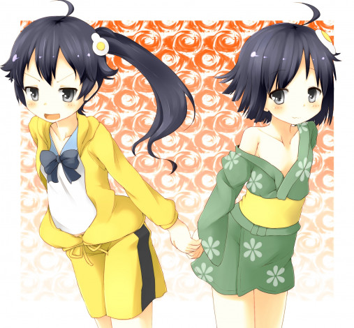Обои картинки фото bakemonogatari, аниме, araragi, tsukihi, karen, nisemonogatari, девушки, форма, кимоно, заколка