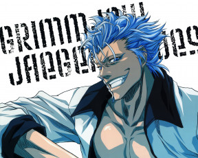 Картинка аниме bleach синие волосы улыбка надпись аранкар парень гримджоу
