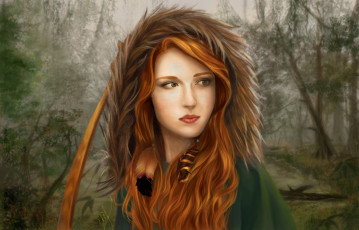 Картинка фэнтези девушки перья лес лук рыжая капюшон