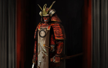 обоя самурай скелет, фэнтези, нежить, красный, скелет, меч, самурай