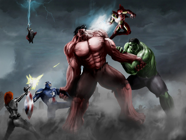 Обои картинки фото мстители против красного халка, рисованные, комиксы, captain, america, thor, avengers, black, widow, iron, man, red, hulk