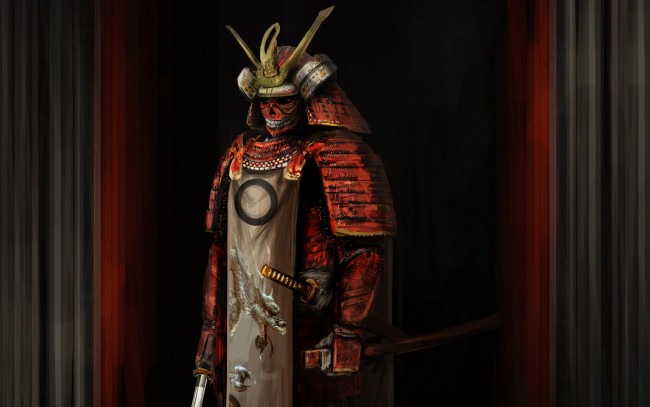 Обои картинки фото самурай скелет, фэнтези, нежить, красный, скелет, меч, самурай