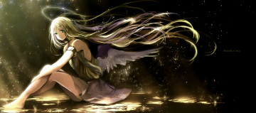 Картинка аниме ангелы +демоны canarinu kmes блики капли ангел девушка свет платье крылья