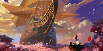 Картинка фэнтези корабли море сакура лепестки корабль фантазия небо облака парус