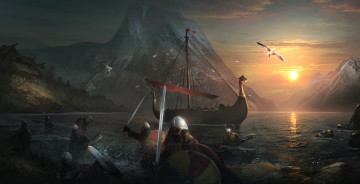 Картинка фэнтези иные+миры +иные+времена море корабль вечер воины вода нападение горы птица шлем меч щит закат