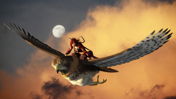 Картинка 3д+графика фантазия+ fantasy фон полет луна взгляд девушка