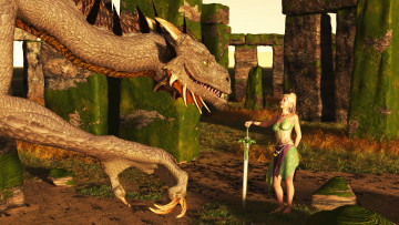 Картинка 3д+графика фантазия+ fantasy взгляд дракон фон девушка