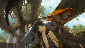 Картинка фэнтези девушки фантастика арт девушка взгляд рыжая меч оружие лестница башня окна природа