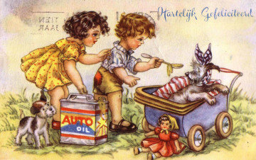 Картинка рисованное дети собака коляска масло ложки девочка мальчик
