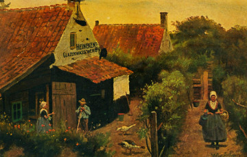 Картинка рисованное живопись крестьяне люди дома деревня деревья гуси улица село
