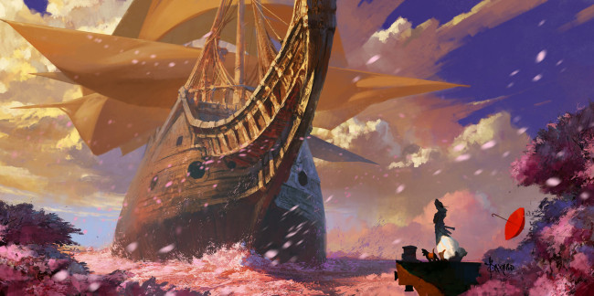 Обои картинки фото фэнтези, корабли, море, сакура, лепестки, корабль, фантазия, небо, облака, парус