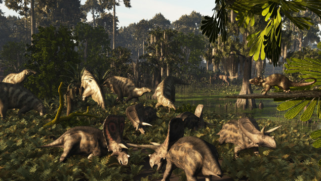 Обои картинки фото 3д графика, животные , animals, река, динозавры, лес