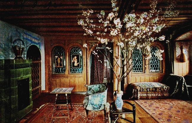Обои картинки фото рисованное, живопись, цветение, ковры, окна, диваны, дерево, столик, камин, интерьер, комната