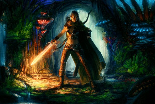 Обои картинки фото фэнтези, эльфы, арт, девушка, меч, горящий, лук, грибы, пещера, плащ