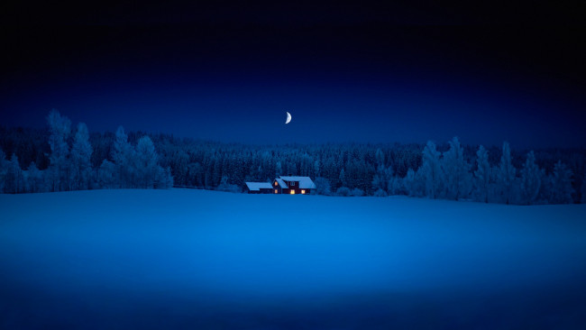 Обои картинки фото природа, зима, снег, месяц, домик, лес, ночь
