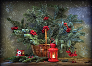 Картинка праздничные -+разное+ новый+год еловые ветки фонарь рябина