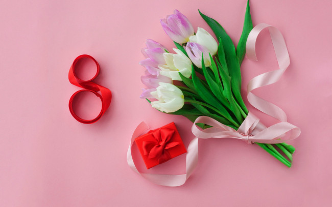 Обои картинки фото праздничные, международный женский день - 8 марта, тюльпаны, бутоны, букет, лента, дата, подарок