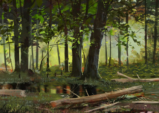 Картинка рисованное природа лес бревна лужа