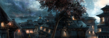 Картинка рисованное кино +мультфильмы город дома огни дерево коты бухта