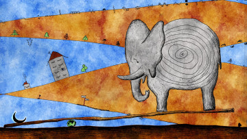 Картинка рисованное vladstudio слон дорога дом деревья