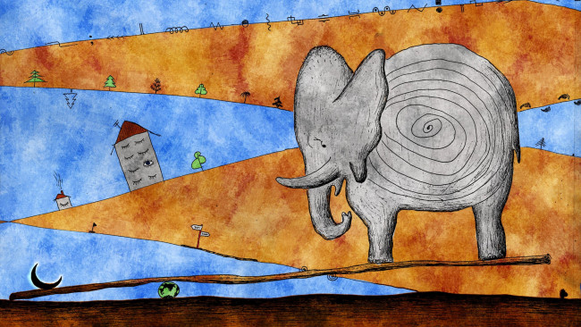 Обои картинки фото рисованное, vladstudio, слон, дорога, дом, деревья
