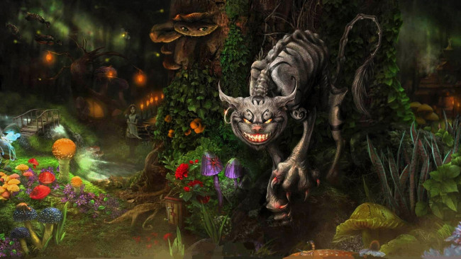 Обои картинки фото видео игры, alice,  madness returns, чеширский, кот, алиса, деревья, грибы