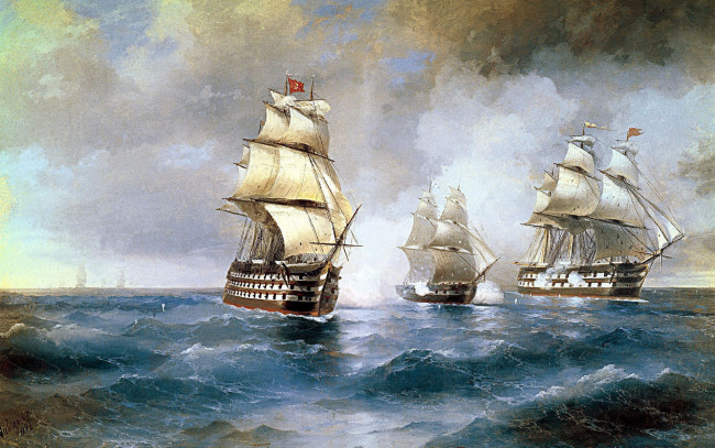 Обои картинки фото иван, айвазовский, бриг, «меркурий», атакованный, двумя, турецкими, кораблями, рисованные