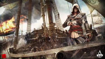 обоя assassin`s, creed, iv, black, flag, видео, игры, парусник, фрегат, корабль, пожар, пираты, edward, kenway