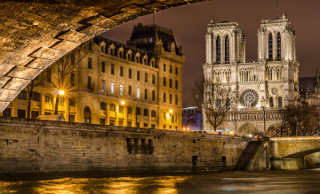 Картинка париж города франция огни ночь здания мост река собор