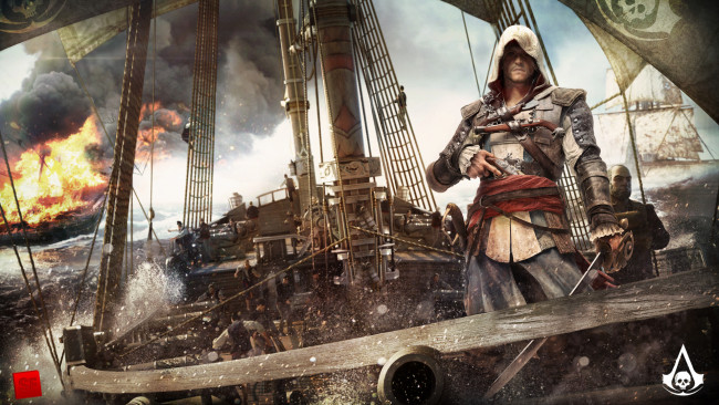 Обои картинки фото assassin`s, creed, iv, black, flag, видео, игры, парусник, фрегат, корабль, пожар, пираты, edward, kenway