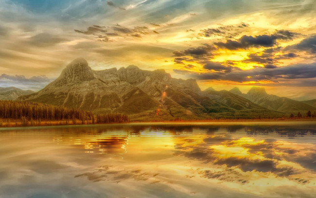 Обои картинки фото природа, восходы, закаты, горы, река, тучи, солнце, лес