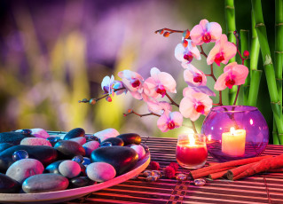 обоя разное, свечи, спа, орхидея, цветок, камни, свеча, корица, бамбук