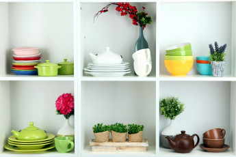 Картинка разное посуда +столовые+приборы +кухонная+утварь растения полки