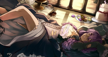 Картинка vocaloid аниме vandyke brown чашка yuzuki yukari вокалоид торт лежит девушка арт цепь печеньки сладости вилка