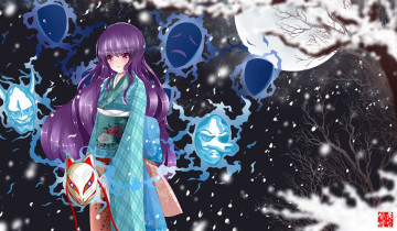 Картинка аниме touhou полнолуние деревья маски магия смущение девушка hata no kokoro